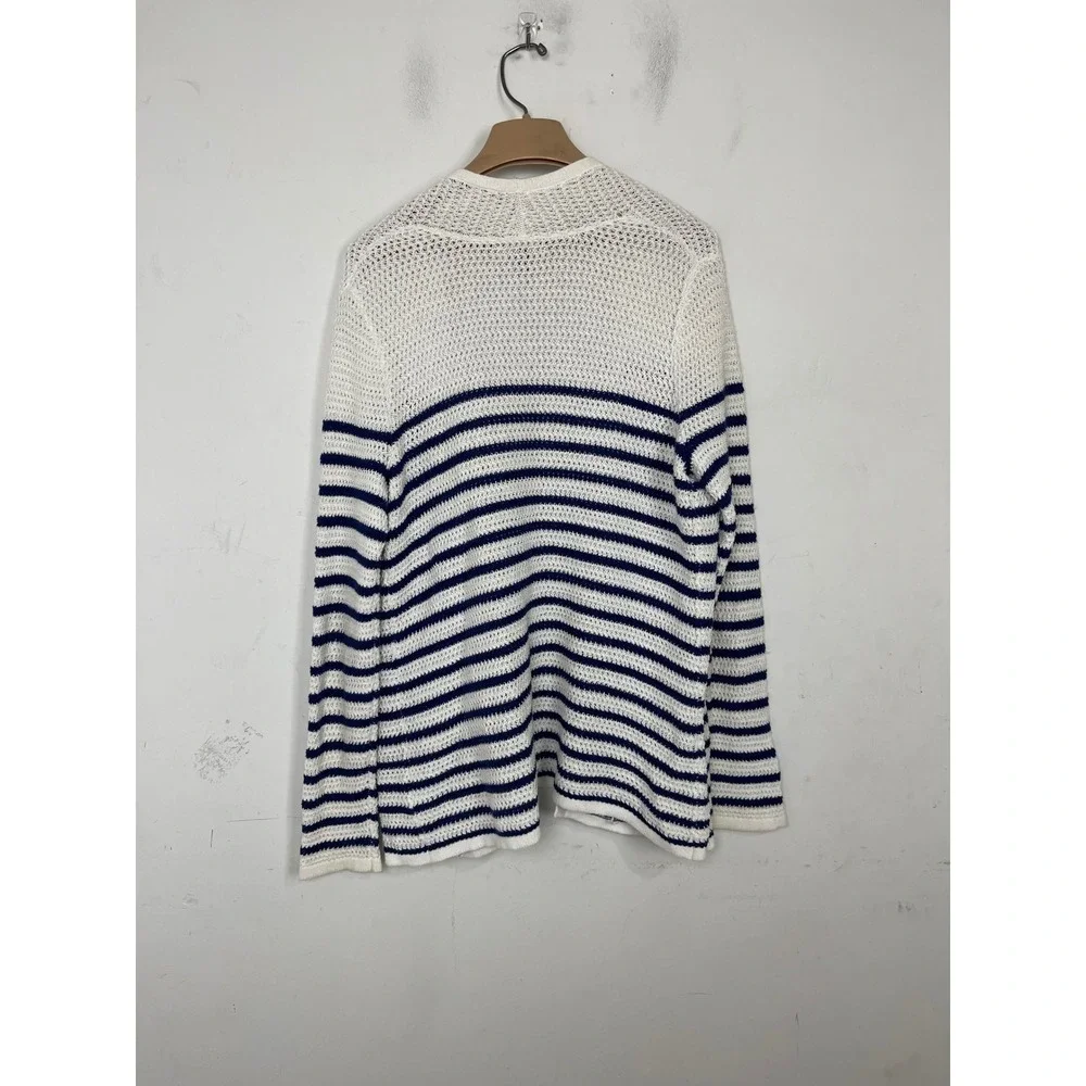 Lands‎ End Womens Medium White Navy Blue Striped Linen Cotton Cardigan Sweater